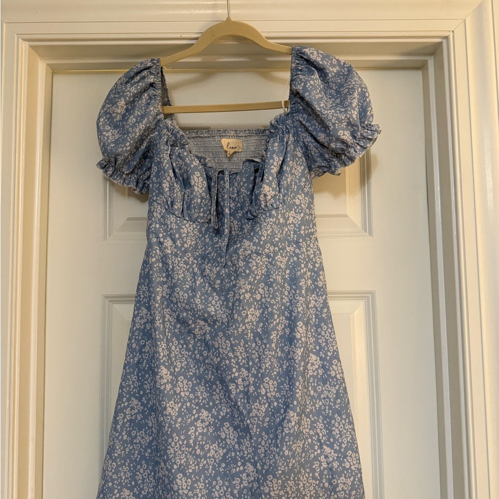 Blue Floral Puff Sleeve Mini Dress